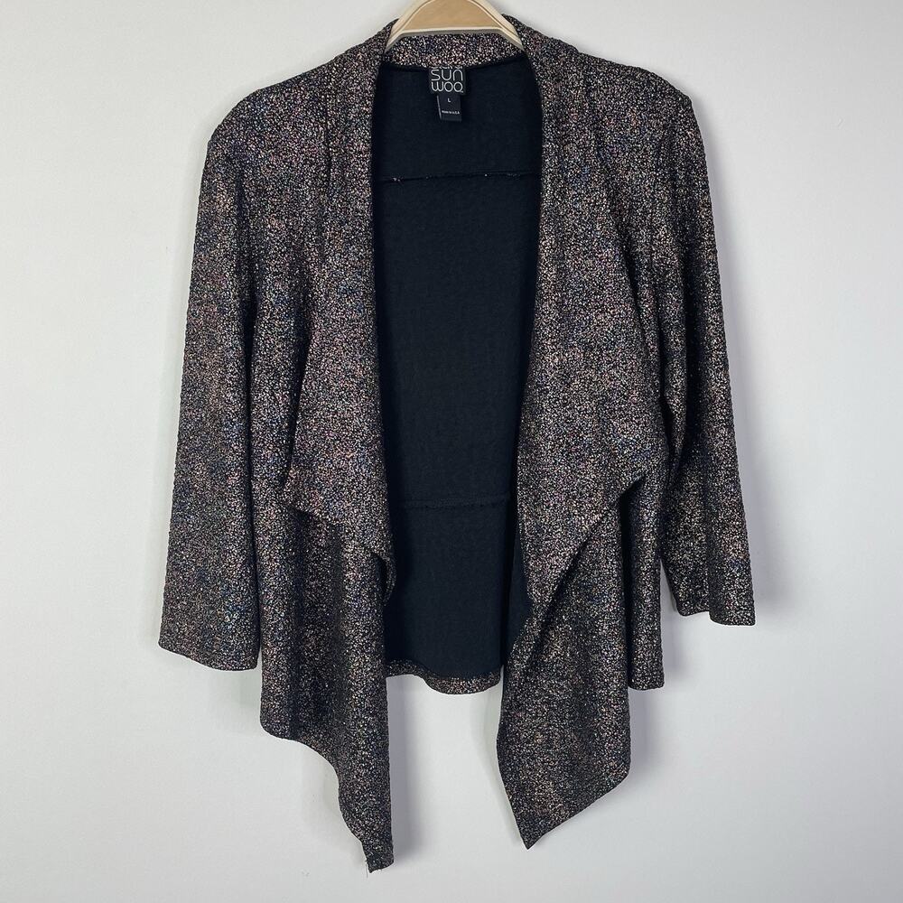 Clara Sunwoo Metallic Shiny Confetti Dot Open Drape‎ Waterfall Cardigan Large